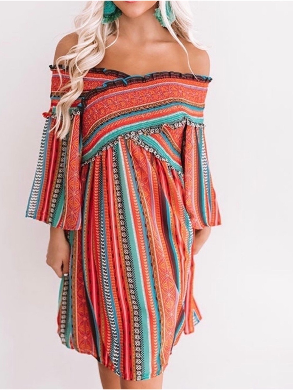 Flying Tomato Multicolor Stripe One-Shoulder Dress with Teal Accents